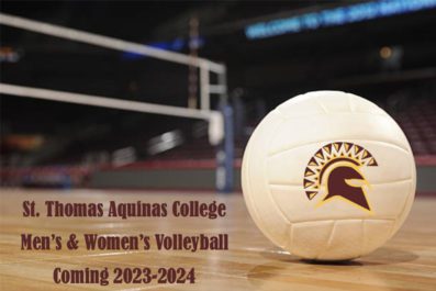 volleyball with spartan head in maroon and gold on ball with text st. thomas aquinas college mens and womens volleyball coming 2023-2024 with net in background