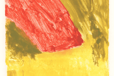Artwork from the collection by Michael Siporin Levine titled The Animator. Abstract painting of parallelogram shapes in orange yellow and brown