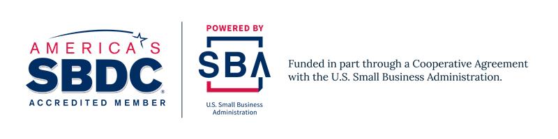 Logo for America's Small Business Development Center Accredited Member with Powered by the U.S. Small Business Administration logo and block