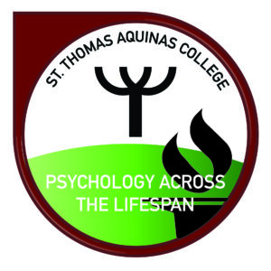 Psychology Across the Lifespan digital badge with green background design and College torch