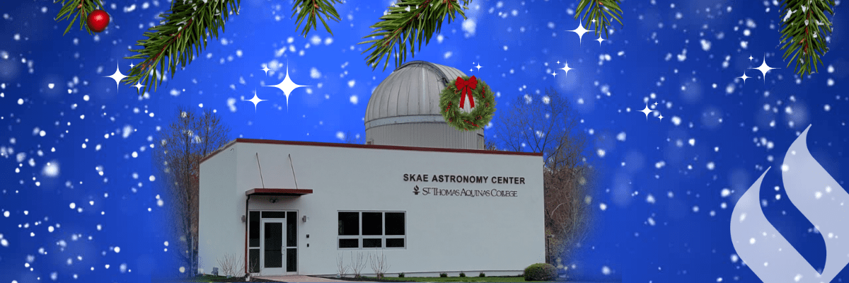 Evening sky with snow and stars over new SKAE Astronomy Center and transparent white flame in right corner