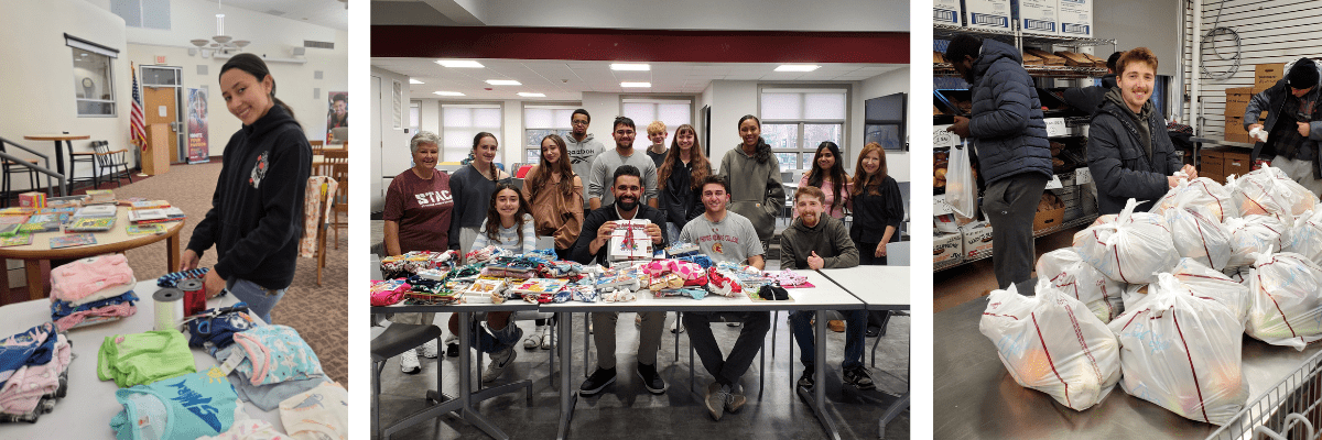 collage of students in romano center collecting clothing donations and a student sorting through clothing and book donations and a student at soup kitchen sorting through food donations