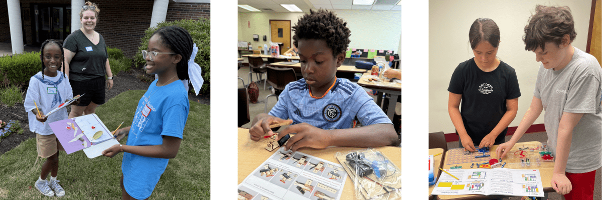 collage of students in steam camp outside collecting flowers and plants and putting together circuit boards and building small toy cars